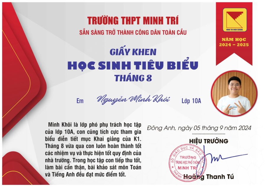 HỌC SINH TIÊU BIỂU, TIẾN BỘ NHIỀU NHẤT THÁNG 8 NĂM HỌC 2024-2025