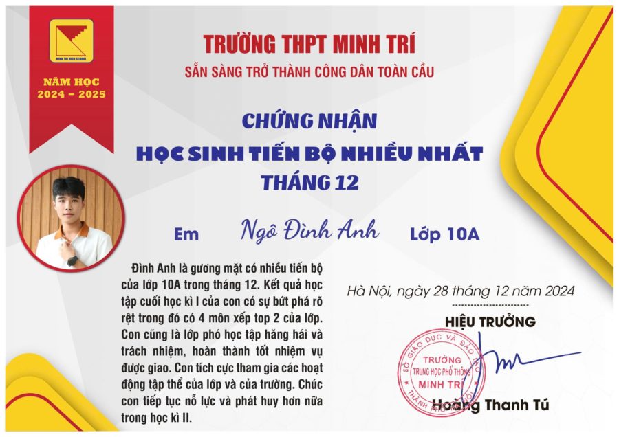 🎓 HỌC SINH TIÊU BIỂU, TIẾN BỘ NHIỀU NHẤT THÁNG 12 NĂM HỌC 2024-2025