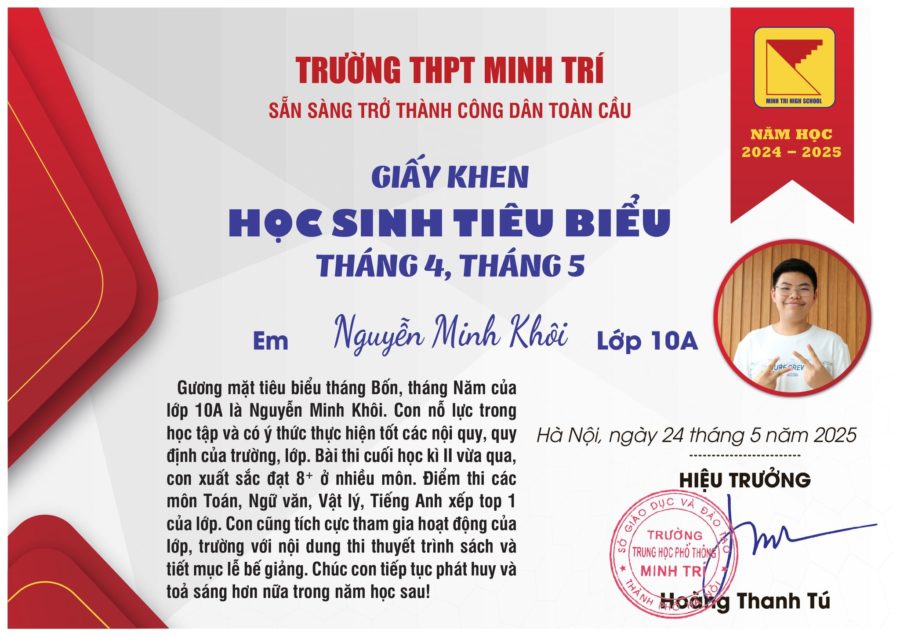 🏅 HỌC SINH TIÊU BIỂU, TIẾN BỘ THÁNG 4,5. NĂM HỌC 2024 – 2025🏅