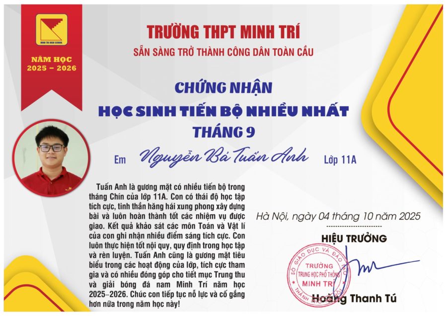 HỌC SINH TIÊU BIỂU, HỌC SINH TIẾN BỘ NHIỀU NHẤT THÁNG 9/2025
