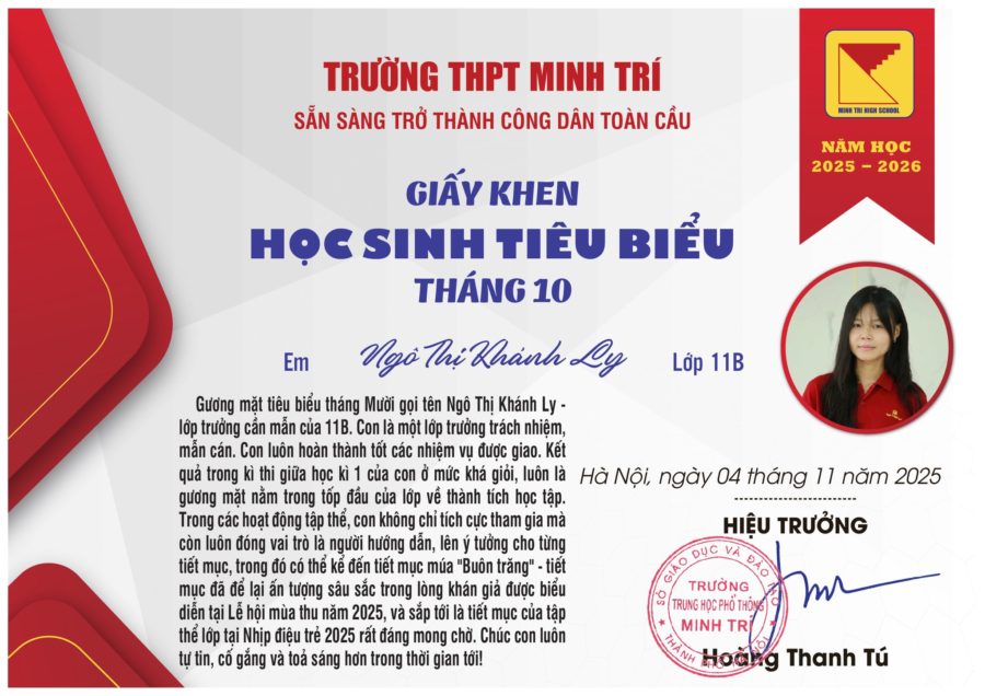 HỌC SINH TIÊU BIỂU, TIẾN BỘ THÁNG 10. NĂM HỌC 2025 – 2026