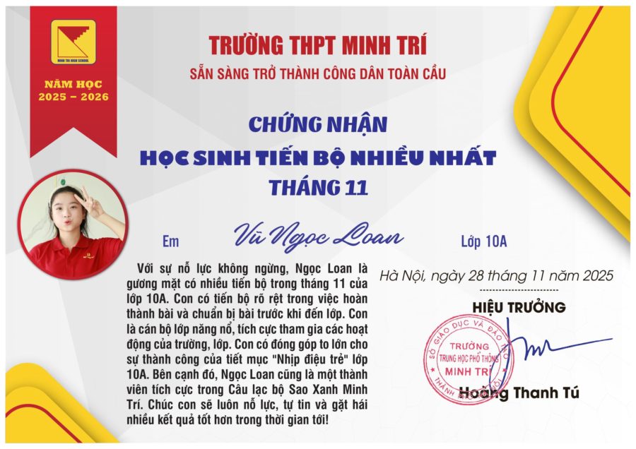 THPT MINH TRÍ – HỌC SINH TIÊU BIỂU, TIẾN BỘ THÁNG 11 NĂM 2025