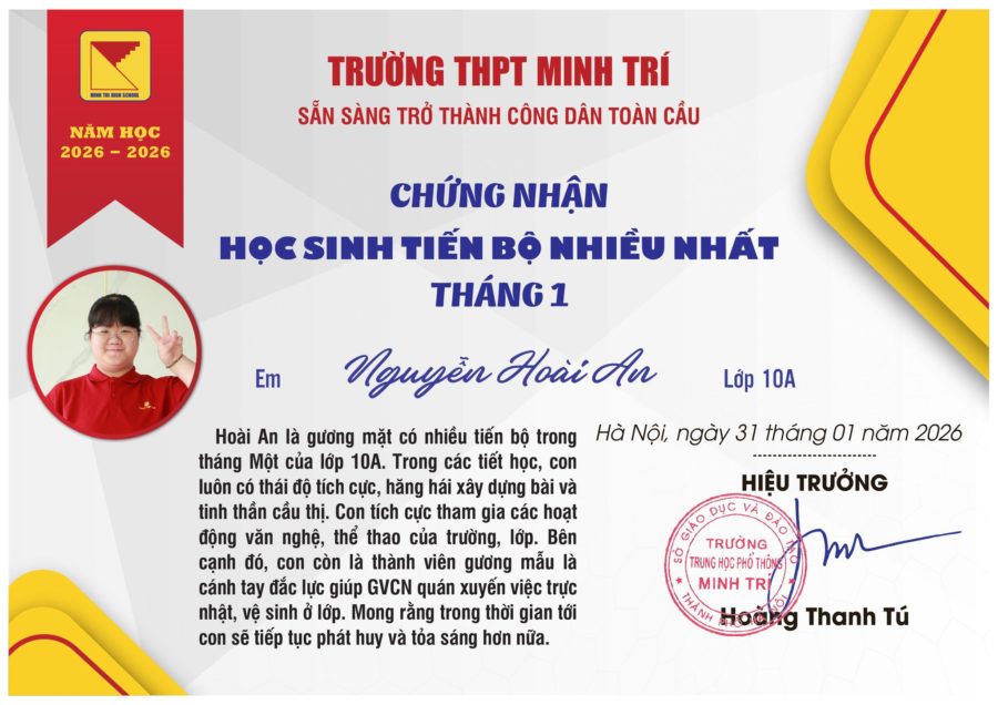 THPT MINH TRÍ – HỌC SINH TIÊU BIỂU/TIẾN BỘ THÁNG 01. NĂM HỌC 2025 – 2026