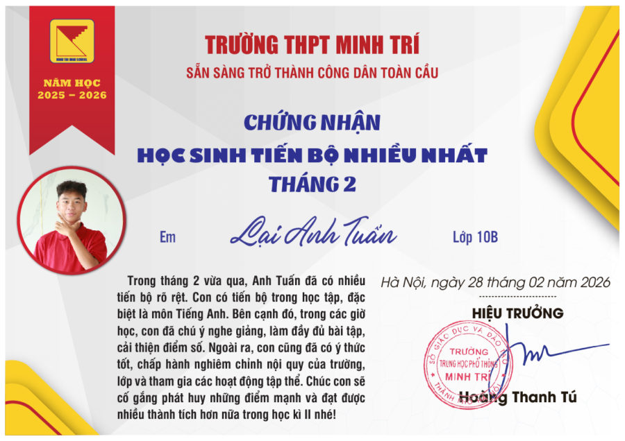 MINH TRÍ – HS TIÊU BIỂU/TIẾN BỘ THÁNG 02. NH 2025 – 2026